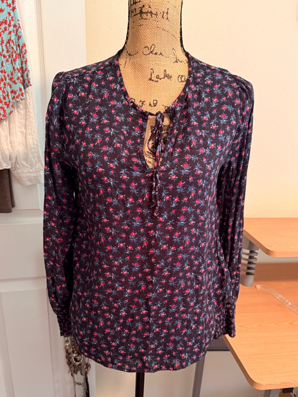 Lucky Brand Navy Floral Tie-Front Blouse